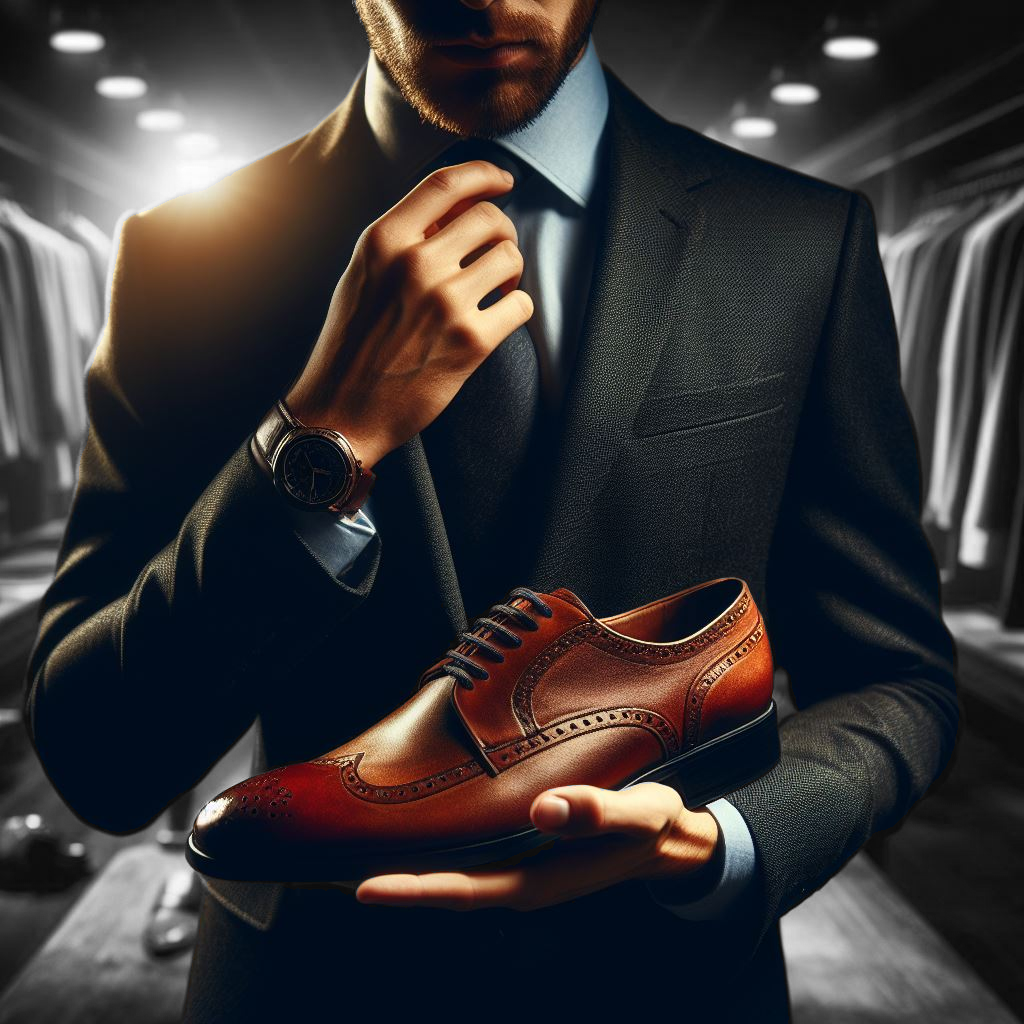 Man in a suit holding a leather shoe